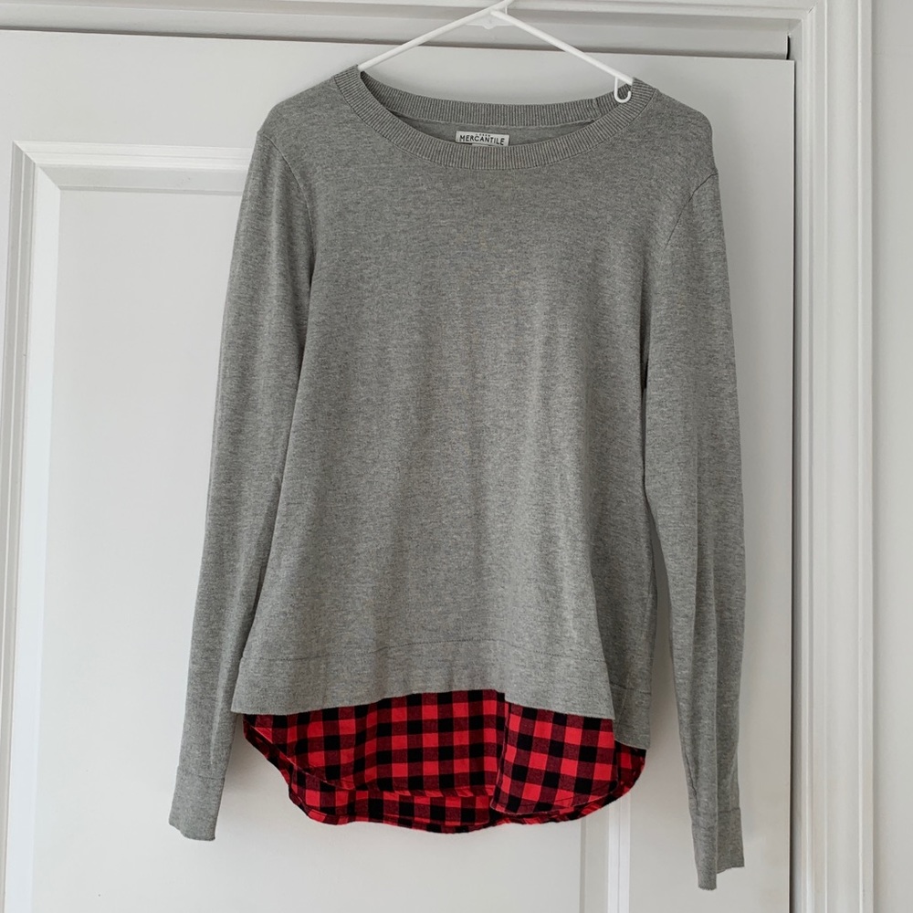 J Crew Mercantile Sweater w/ Flannel Shirttail Hem